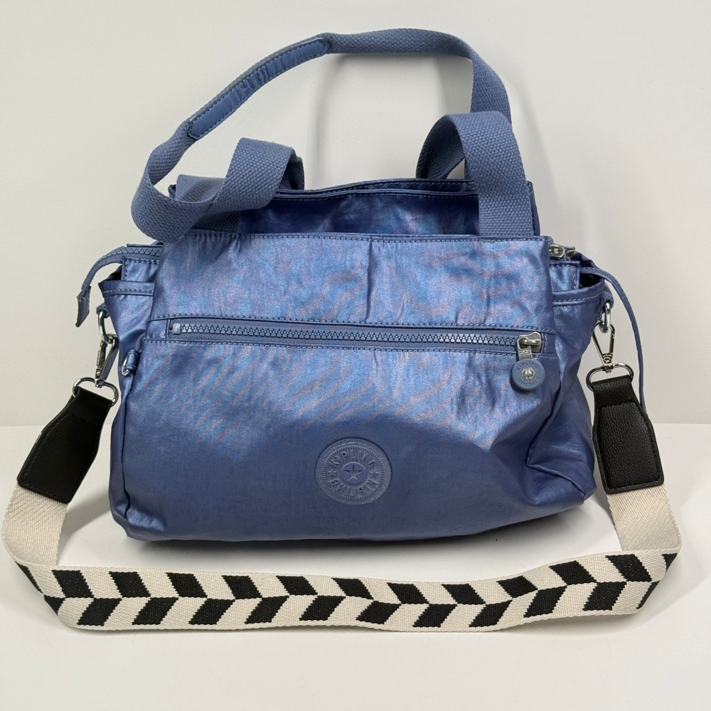 Kipling Elysia Shoulder Bag Metallic Blue Nylon Zip Pocket Organizer Tote OS